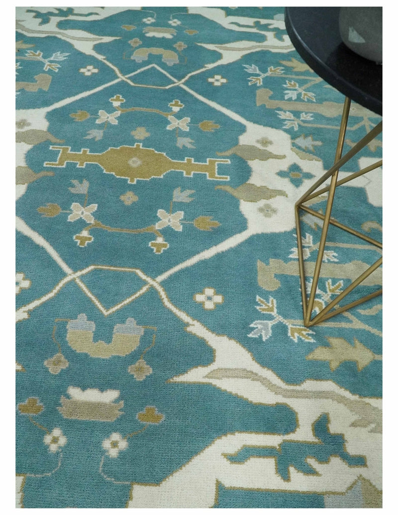 9x12 Hand Knotted Oriental Oushak Teal, Ivory and Beige Wool Area Rug