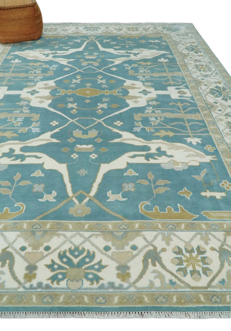 9x12 Hand Knotted Oriental Oushak Teal, Ivory and Beige Wool Area Rug