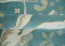 9x12 Hand Knotted Oriental Oushak Teal, Ivory and Beige Wool Area Rug