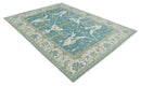 9x12 Hand Knotted Oriental Oushak Teal, Ivory and Beige Wool Area Rug