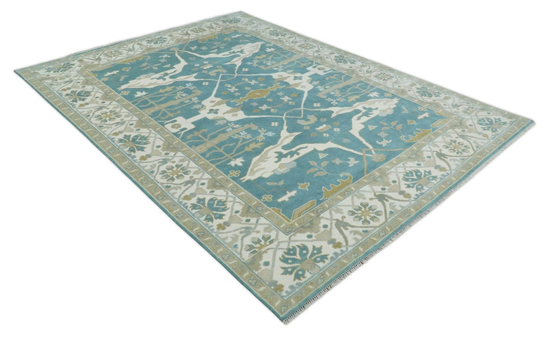 9x12 Hand Knotted Oriental Oushak Teal, Ivory and Beige Wool Area Rug