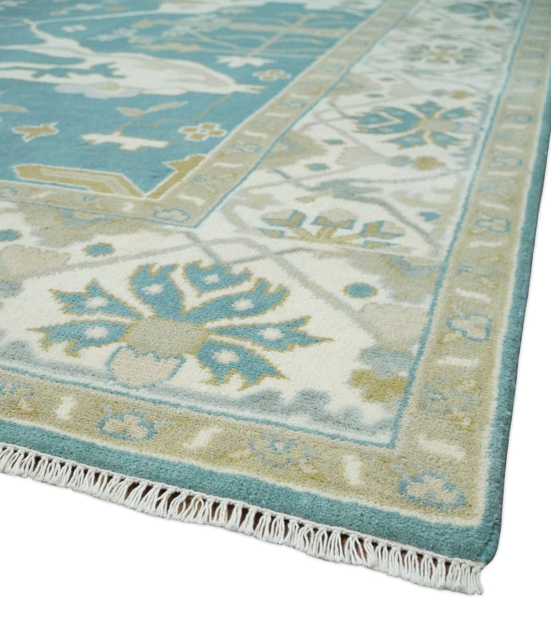 9x12 Hand Knotted Oriental Oushak Teal, Ivory and Beige Wool Area Rug