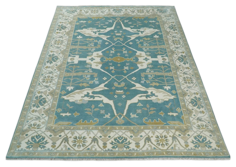 9x12 Hand Knotted Oriental Oushak Teal, Ivory and Beige Wool Area Rug