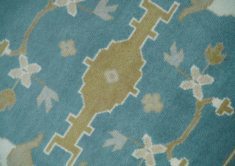 9x12 Hand Knotted Oriental Oushak Teal, Ivory and Beige Wool Area Rug