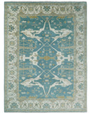 9x12 Hand Knotted Oriental Oushak Teal, Ivory and Beige Wool Area Rug