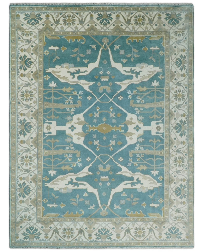 9x12 Hand Knotted Oriental Oushak Teal, Ivory and Beige Wool Area Rug