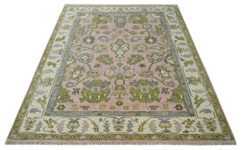 9x12 Hand Knotted Peach, Ivory and Olive Traditional Antique Style Wool Area Rug