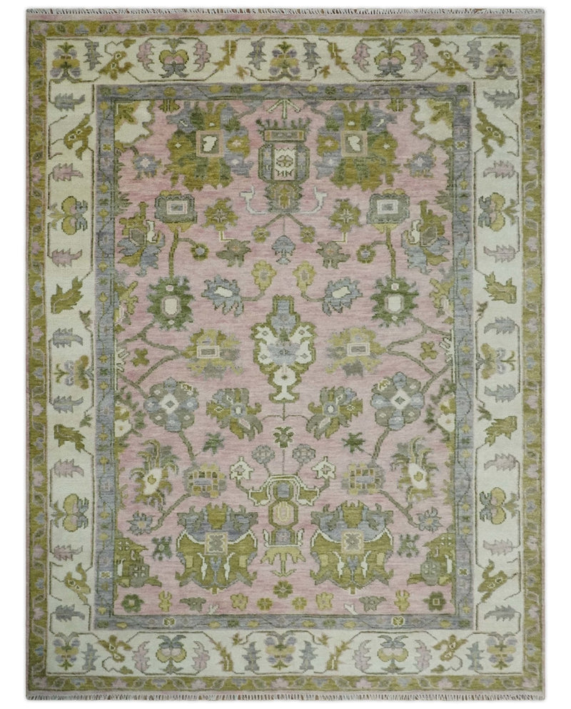 9x12 Hand Knotted Peach, Ivory and Olive Traditional Antique Style Wool Area Rug