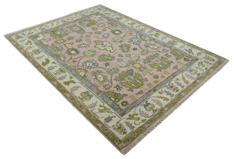 9x12 Hand Knotted Peach, Ivory and Olive Traditional Antique Style Wool Area Rug