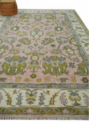 9x12 Hand Knotted Peach, Ivory and Olive Traditional Antique Style Wool Area Rug