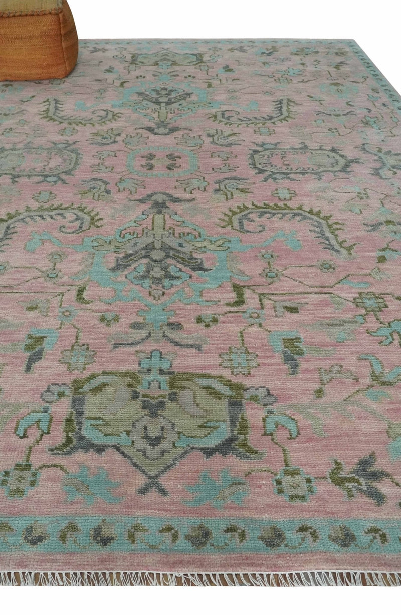 9x12 Hand Knotted Pink and Aqua Oriental Oushak Traditional Wool Area Rug