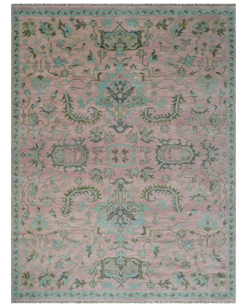 9x12 Hand Knotted Pink and Aqua Oriental Oushak Traditional Wool Area Rug