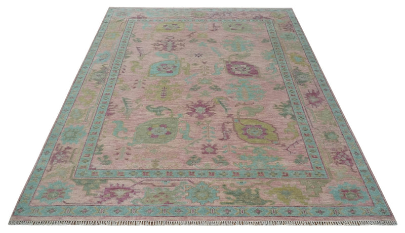 9x12 Hand Knotted Pink, Aqua and Purple Vibrant colorful Oushak Wool Area Rug