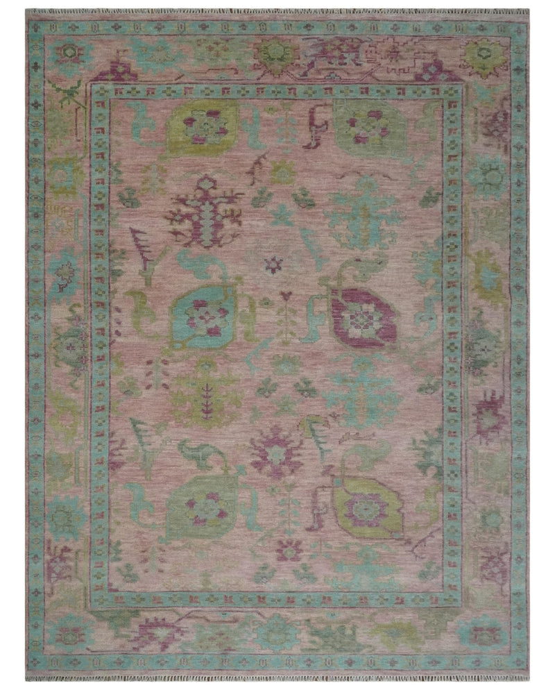 9x12 Hand Knotted Pink, Aqua and Purple Vibrant colorful Oushak Wool Area Rug