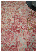 9x12 Hand Knotted Red and Pink Modern Carved Pattern Antique Wool and Silk Area Rug