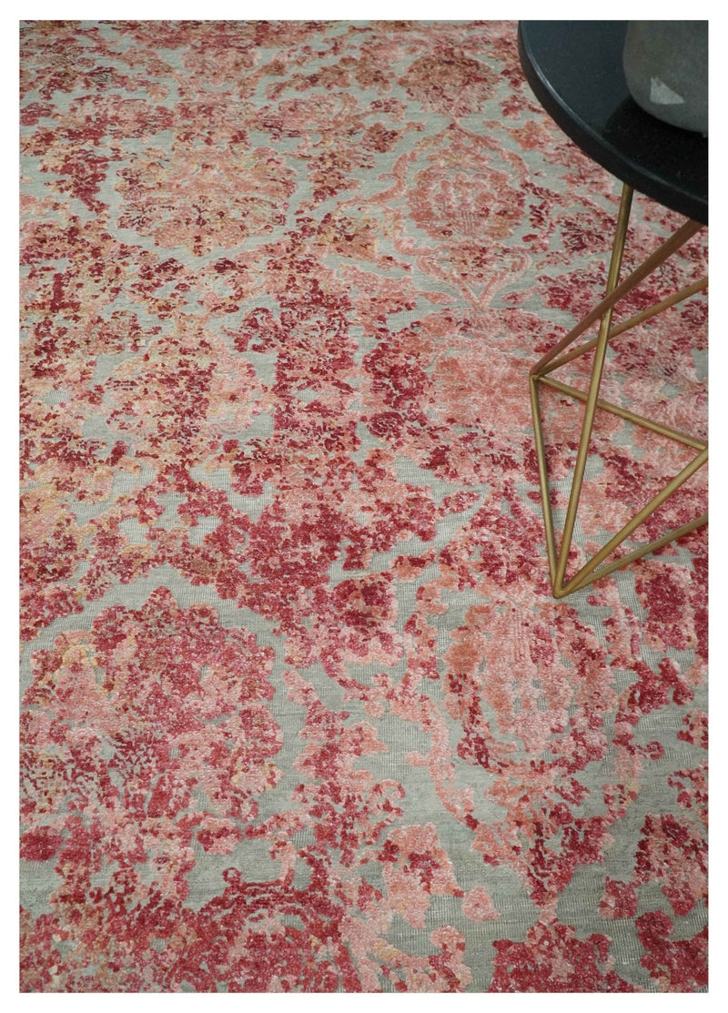 9x12 Hand Knotted Red and Pink Modern Carved Pattern Antique Wool and Silk Area Rug