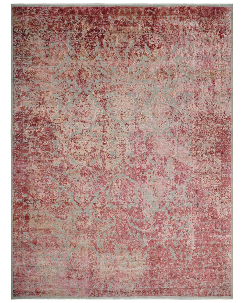 9x12 Hand Knotted Red and Pink Modern Carved Pattern Antique Wool and Silk Area Rug
