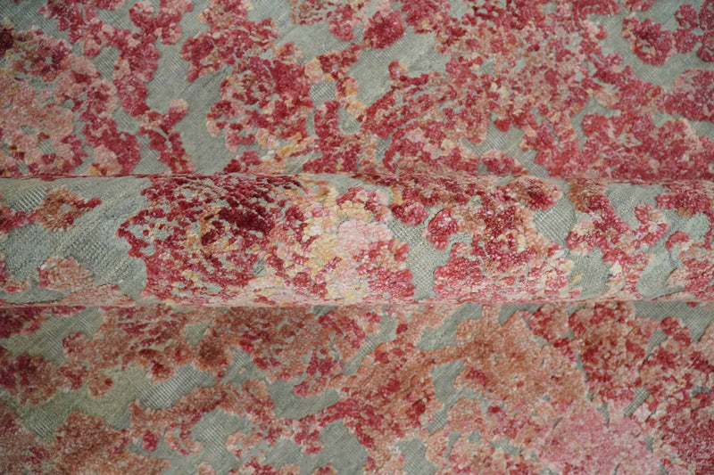 9x12 Hand Knotted Red and Pink Modern Carved Pattern Antique Wool and Silk Area Rug