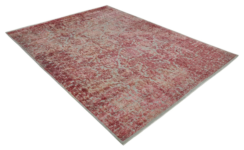 9x12 Hand Knotted Red and Pink Modern Carved Pattern Antique Wool and Silk Area Rug