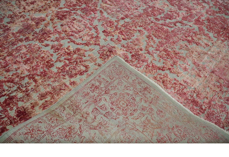 9x12 Hand Knotted Red and Pink Modern Carved Pattern Antique Wool and Silk Area Rug