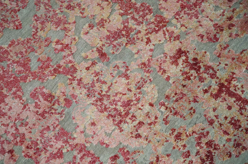 9x12 Hand Knotted Red and Pink Modern Carved Pattern Antique Wool and Silk Area Rug