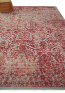 9x12 Hand Knotted Red and Pink Modern Carved Pattern Antique Wool and Silk Area Rug
