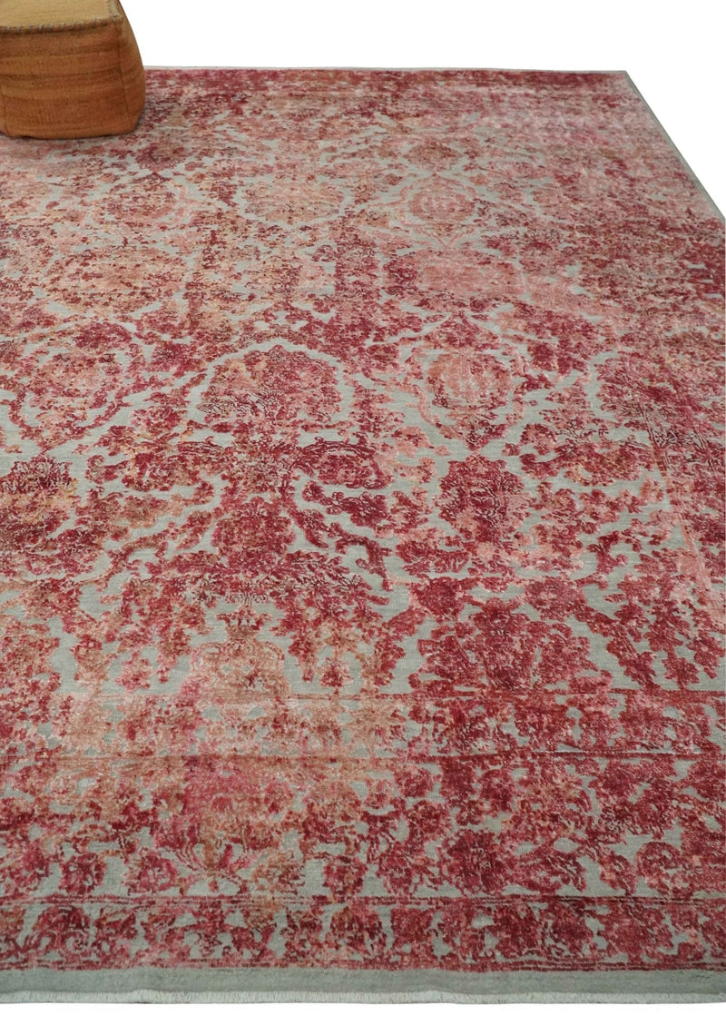 9x12 Hand Knotted Red and Pink Modern Carved Pattern Antique Wool and Silk Area Rug