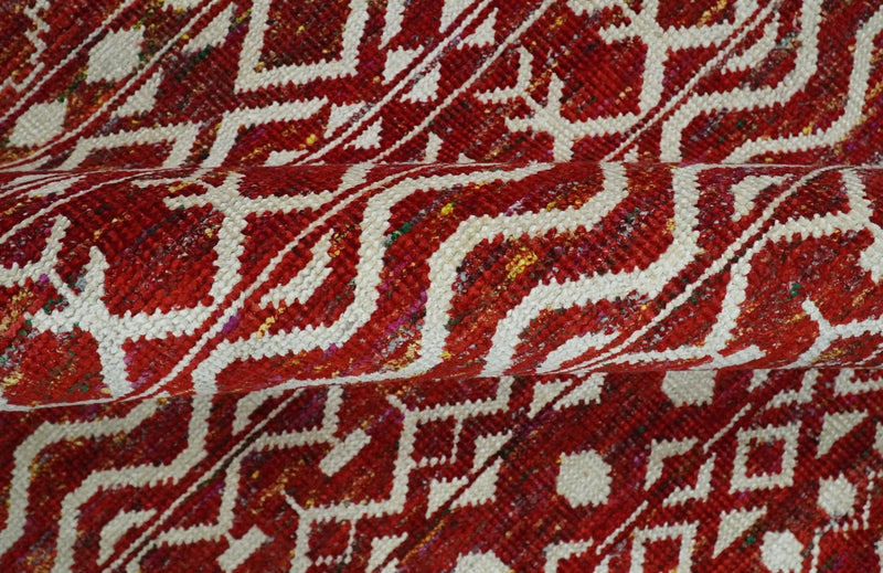 9x12 Hand Knotted Maroon and White Modern Contemporary Southwestern Tribal Trellis Recycled Silk Area Rug | OP15