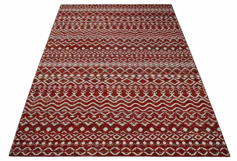 9x12 Hand Knotted Maroon and White Modern Contemporary Southwestern Tribal Trellis Recycled Silk Area Rug | OP15