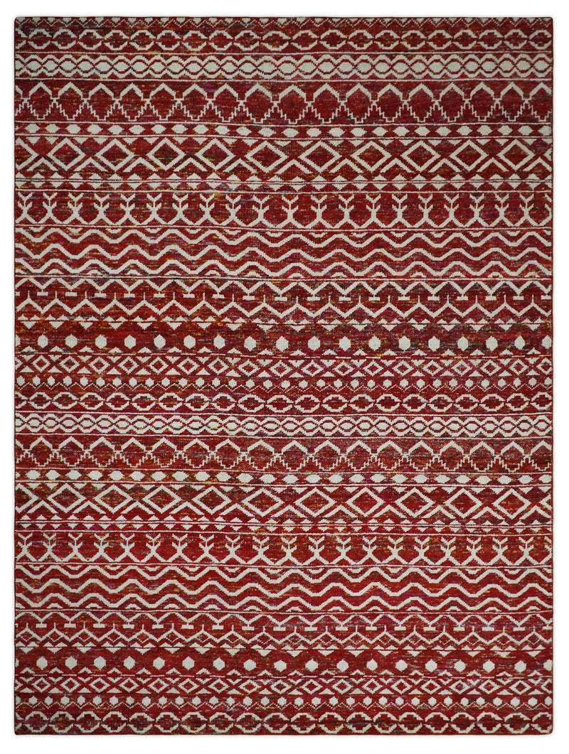 9x12 Hand Knotted Maroon and White Modern Contemporary Southwestern Tribal Trellis Recycled Silk Area Rug | OP15