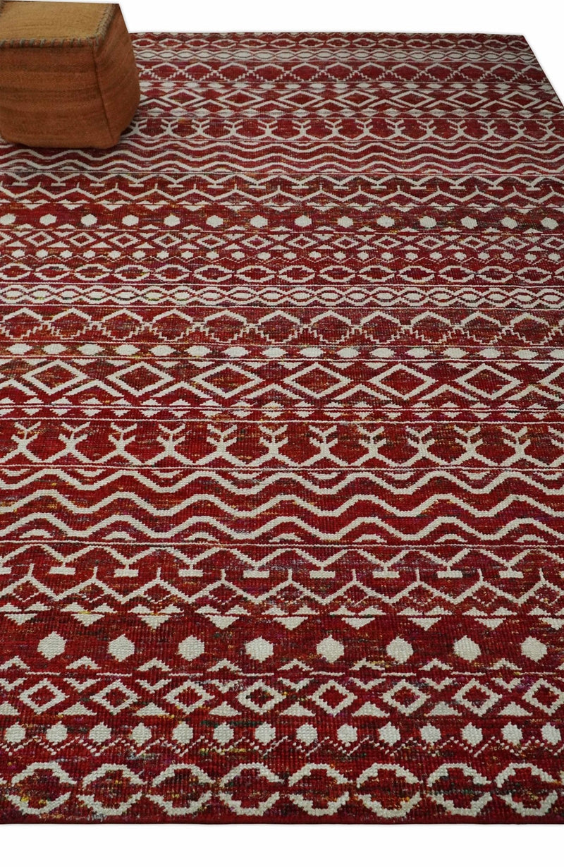 9x12 Hand Knotted Maroon and White Modern Contemporary Southwestern Tribal Trellis Recycled Silk Area Rug | OP15