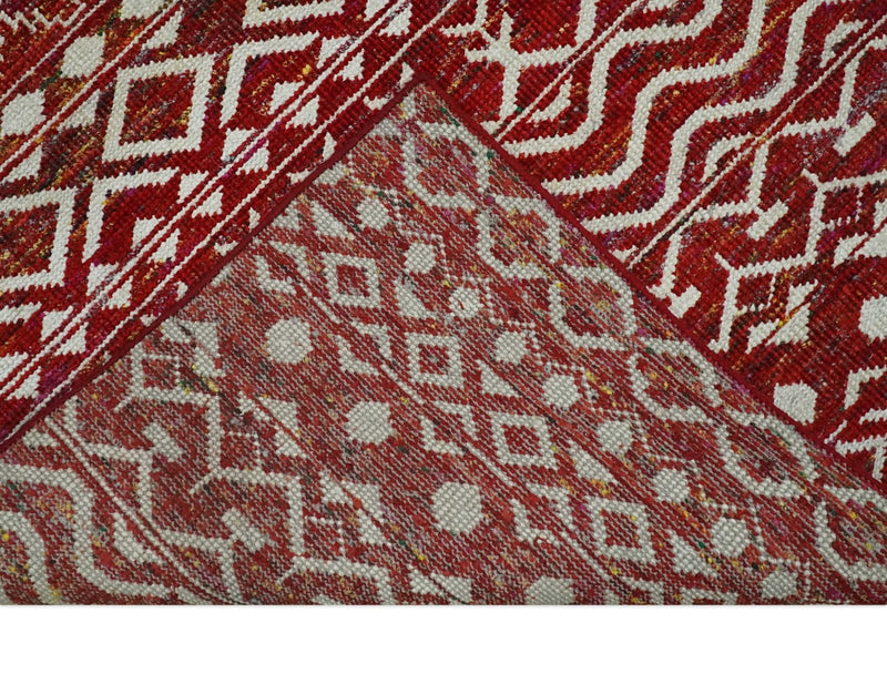 9x12 Hand Knotted Maroon and White Modern Contemporary Southwestern Tribal Trellis Recycled Silk Area Rug | OP15