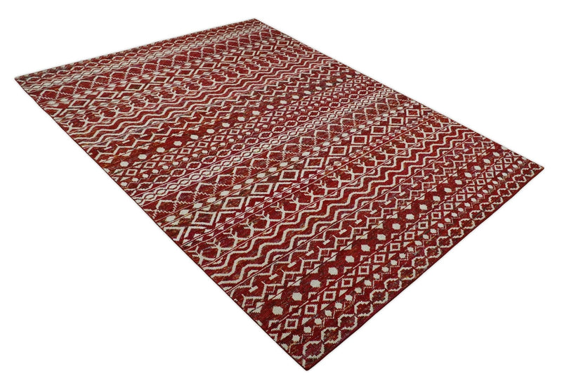 9x12 Hand Knotted Maroon and White Modern Contemporary Southwestern Tribal Trellis Recycled Silk Area Rug | OP15