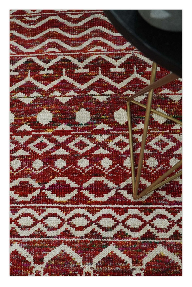 9x12 Hand Knotted Maroon and White Modern Contemporary Southwestern Tribal Trellis Recycled Silk Area Rug | OP15