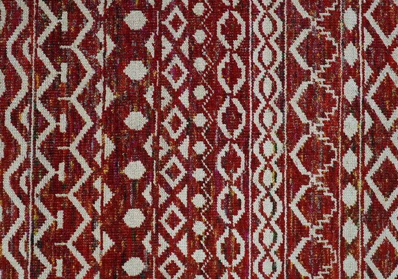 9x12 Hand Knotted Maroon and White Modern Contemporary Southwestern Tribal Trellis Recycled Silk Area Rug | OP15