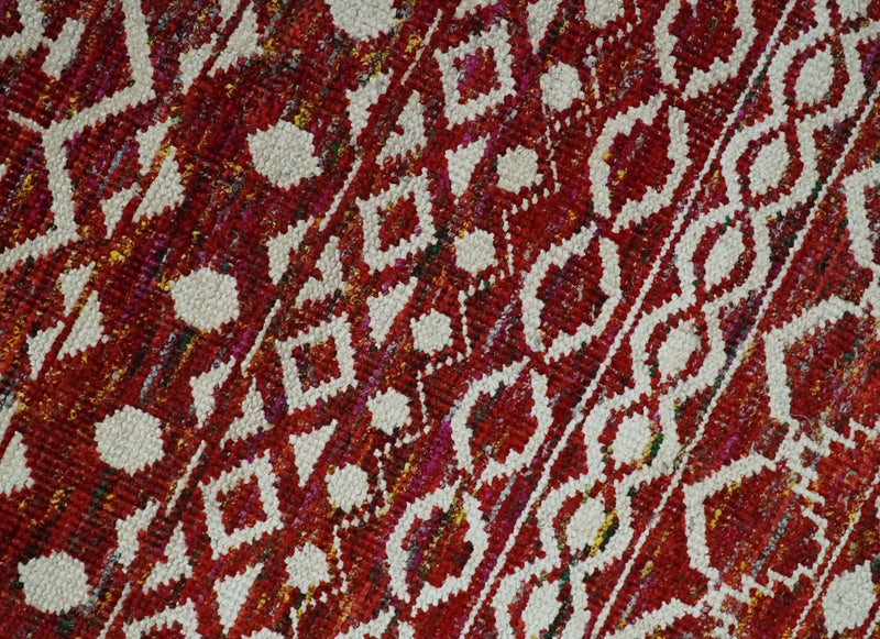 9x12 Hand Knotted Maroon and White Modern Contemporary Southwestern Tribal Trellis Recycled Silk Area Rug | OP15