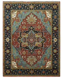 9x12 Hand Knotted Rust, Aqua and Blue Traditional Heriz Vintage Style Wool Rug