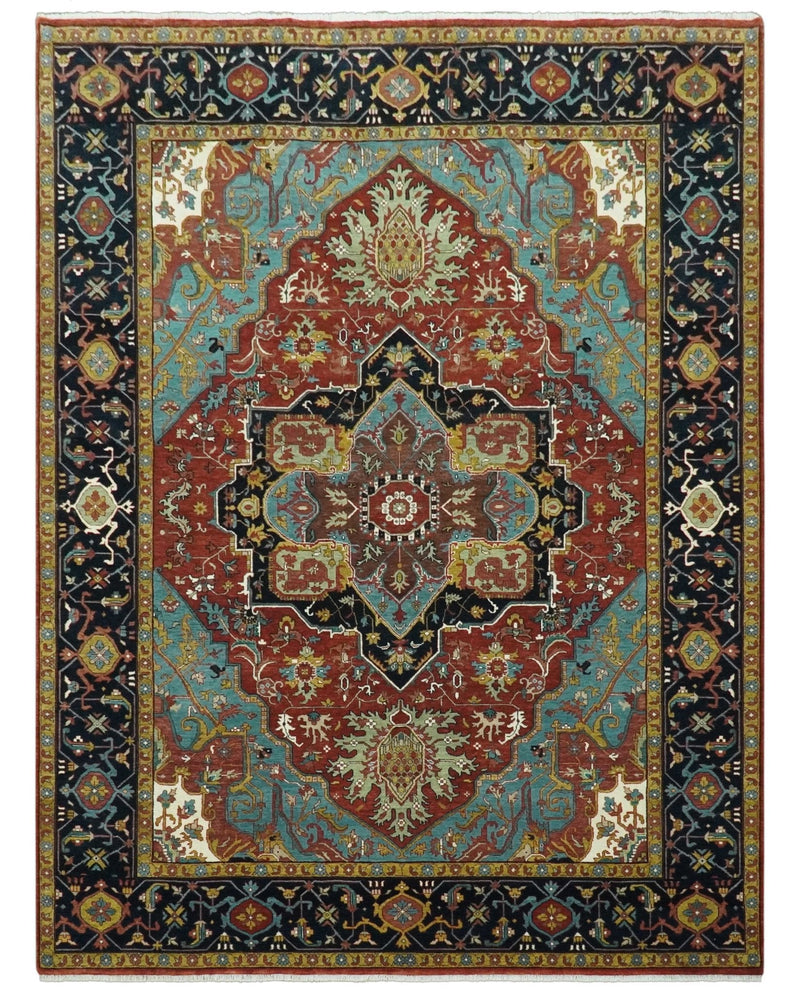 9x12 Hand Knotted Rust, Aqua and Blue Traditional Heriz Vintage Style Wool Rug