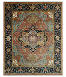 9x12 Hand Knotted Rust, Aqua and Blue Traditional Heriz Vintage Style Wool Rug