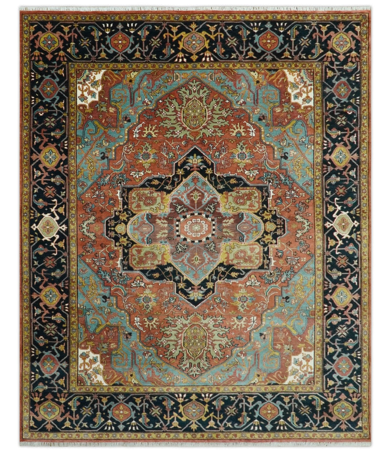9x12 Hand Knotted Rust, Aqua and Blue Traditional Heriz Vintage Style Wool Rug