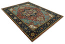 9x12 Hand Knotted Rust, Aqua and Blue Traditional Heriz Vintage Style Wool Rug