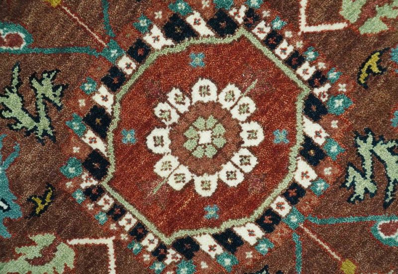 9x12 Hand Knotted Rust, Aqua and Blue Traditional Heriz Vintage Style Wool Rug