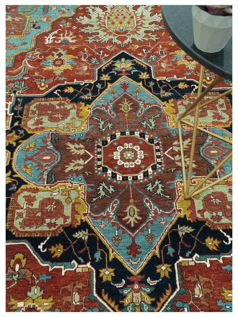 9x12 Hand Knotted Rust, Aqua and Blue Traditional Heriz Vintage Style Wool Rug