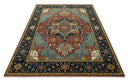 9x12 Hand Knotted Rust, Aqua and Blue Traditional Heriz Vintage Style Wool Rug