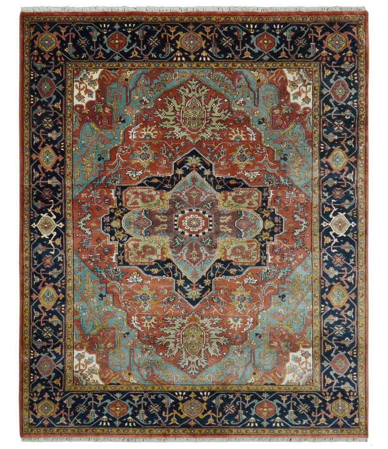 9x12 Hand Knotted Rust, Aqua and Blue Traditional Heriz Vintage Style Wool Rug