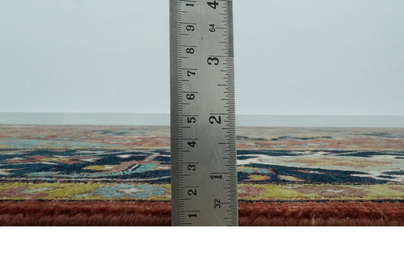 9x12 Hand Knotted Rust, Aqua and Blue Traditional Heriz Vintage Style Wool Rug