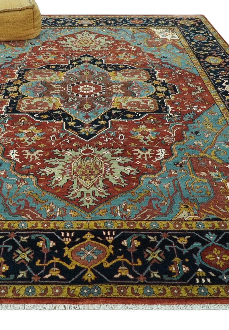 9x12 Hand Knotted Rust, Aqua and Blue Traditional Heriz Vintage Style Wool Rug