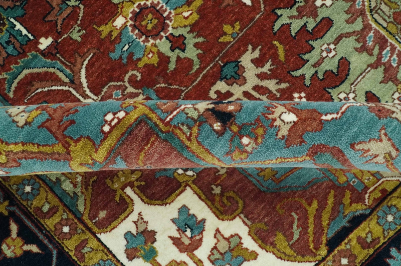 9x12 Hand Knotted Rust, Aqua and Blue Traditional Heriz Vintage Style Wool Rug