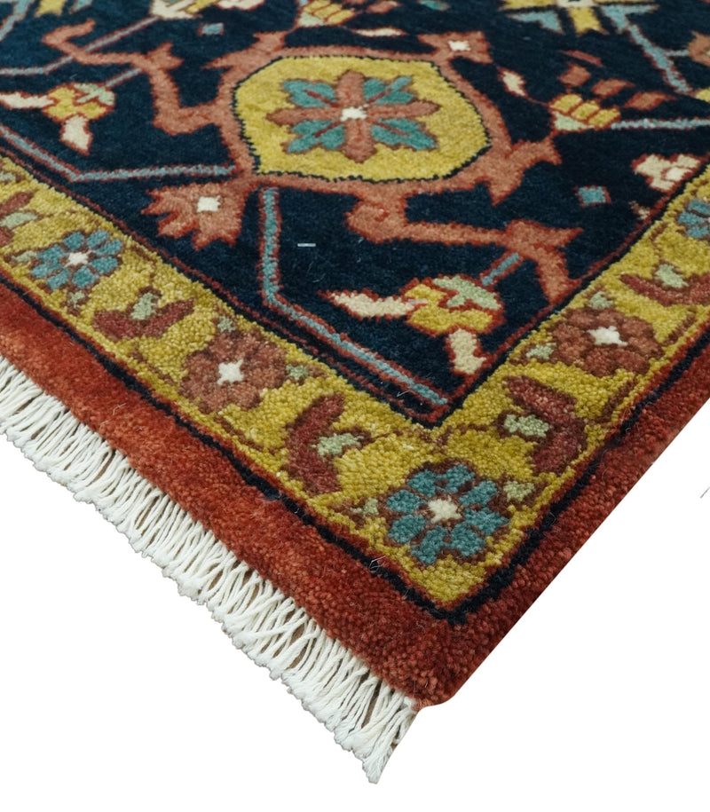 9x12 Hand Knotted Rust, Aqua and Blue Traditional Heriz Vintage Style Wool Rug
