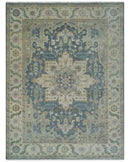 9x12 Hand Knotted Silver and Blue Traditional Heriz Serapi Antique Wool Rug, Living Room and Bedroom Rug